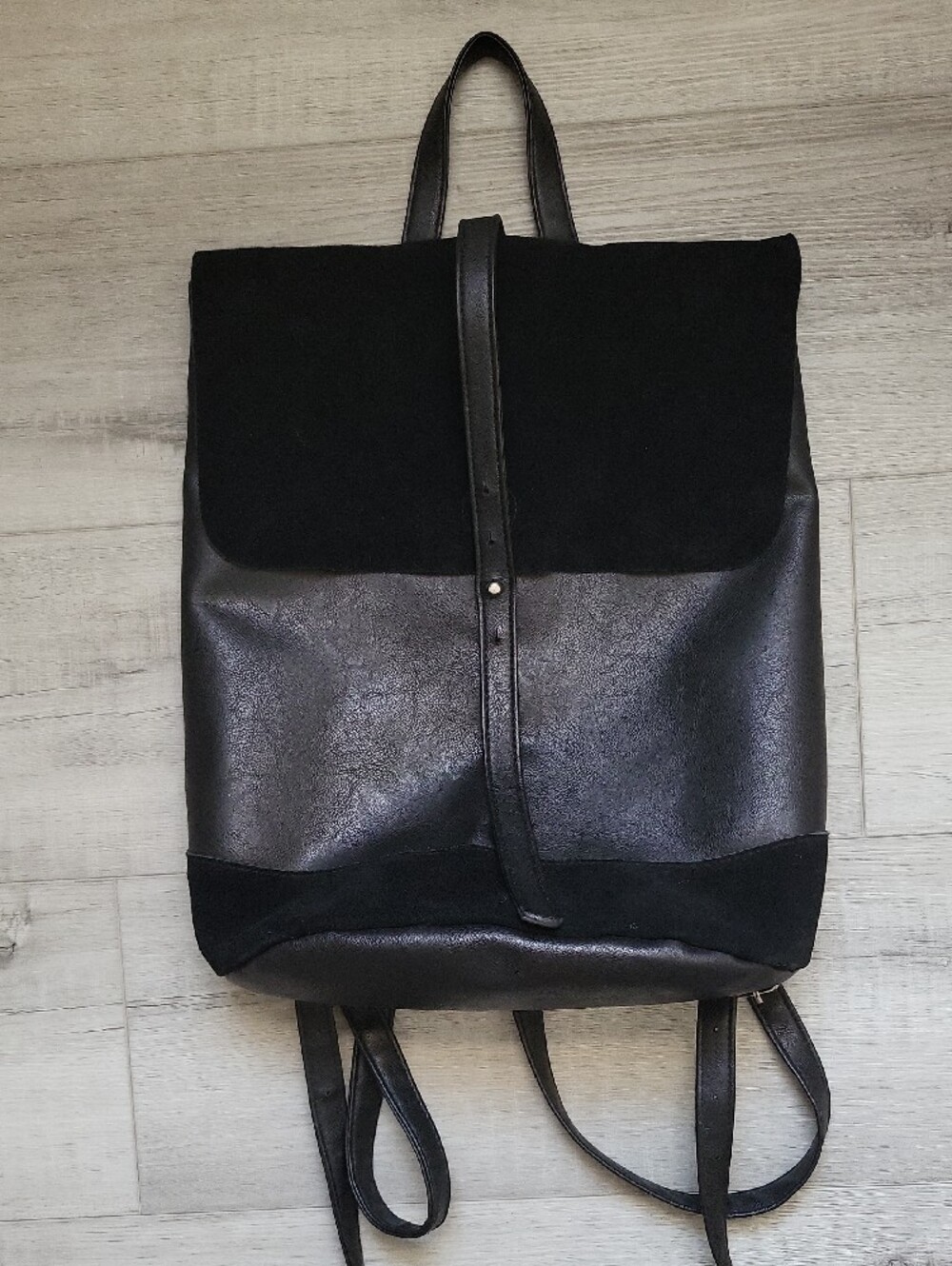 Black Faux Leather and Suede Fold-Over Backpack